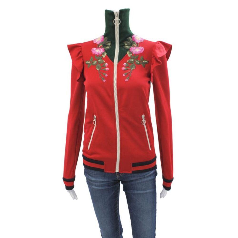 Gucci Womens Bomber Jacket Red Floral Zip Long Sleeve Polyester Size XS